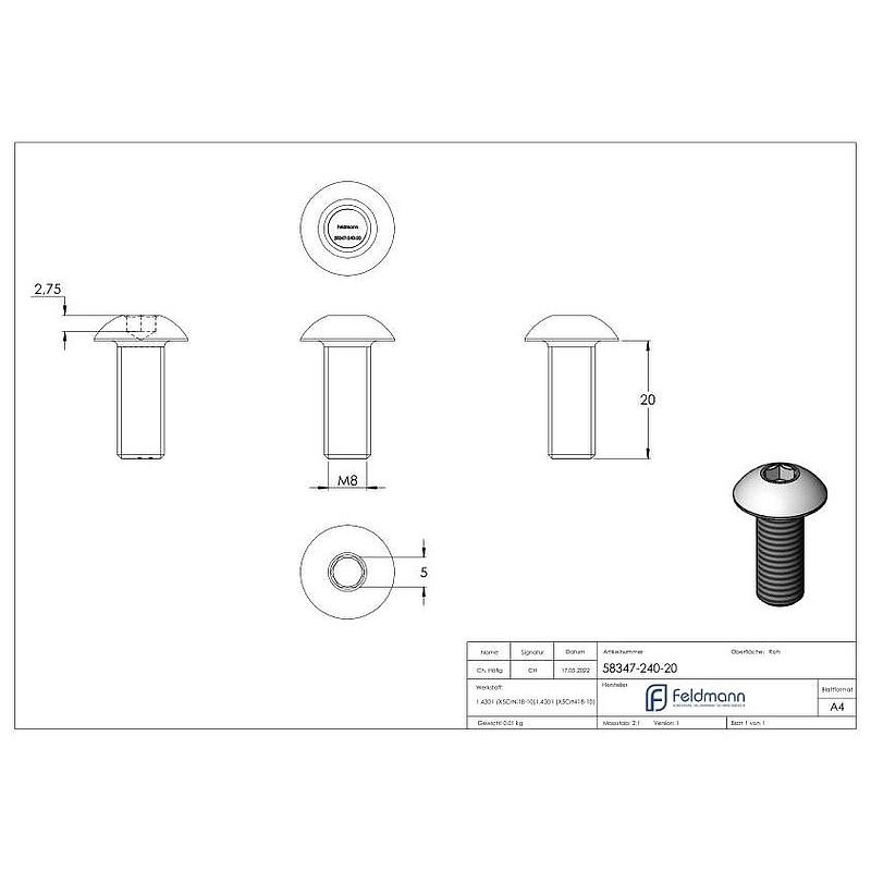 Round-head screw M8x20, AISI304, DIN 7380-1