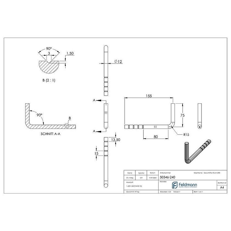 Handlaufhalter zum Einbetonieren, Bügel 12mm, V2A