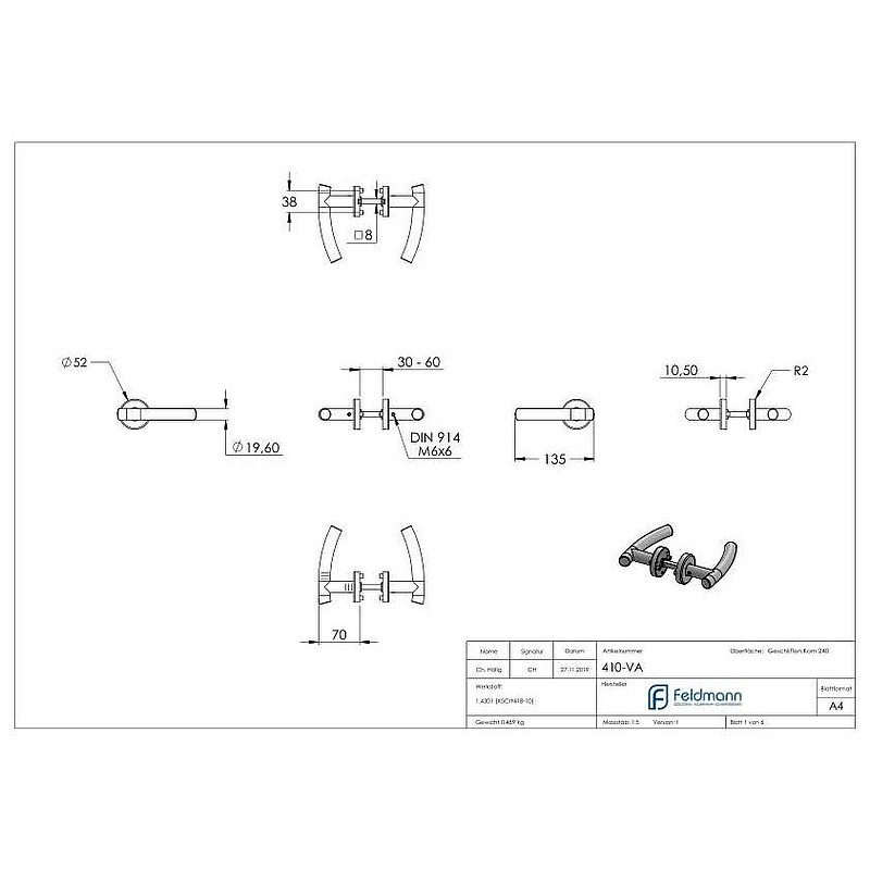 Pair of lever handles, rotatable, AISI304