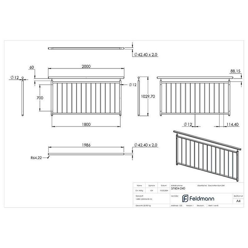 Französisches Balkongitter, gerade, B: 1,8m, V2A