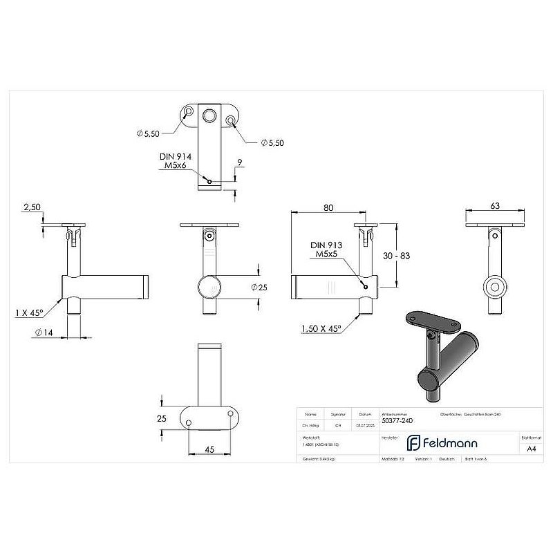 Support mural de main-courante avec articulation, plaque de fixation plate, V2A