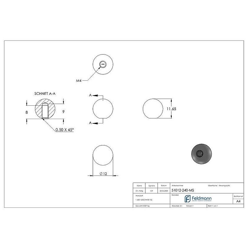 Brass ball Ø 12mm with M4