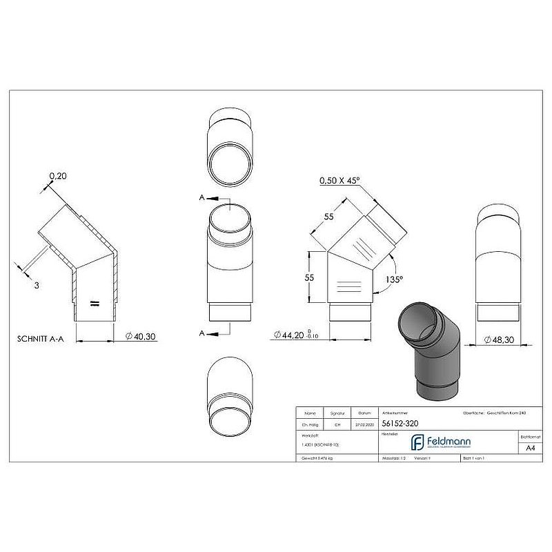 Eckstück 135°, für Rohr 48,3x2,0mm, V2A