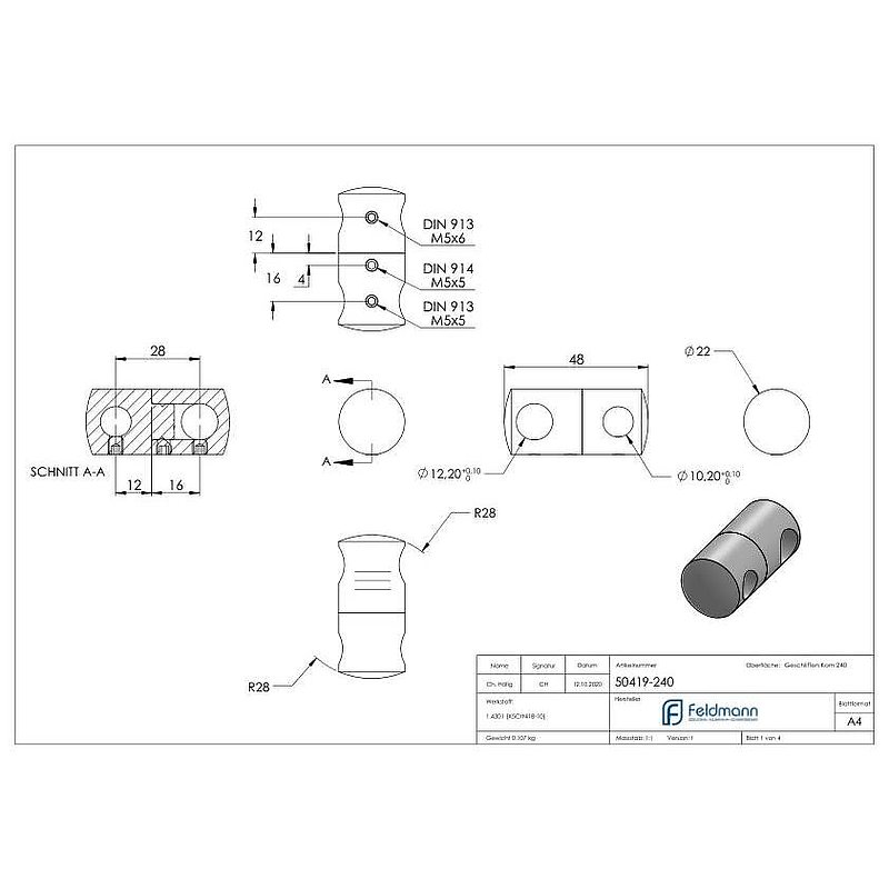 Double Cross bar holder with 12.2 and 10.2 mm bore, AISI304
