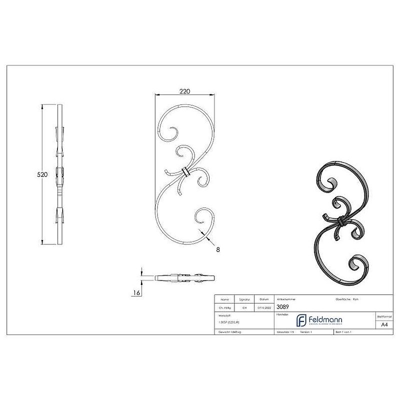 S-Schnecke 16x8mm, 520x220mm