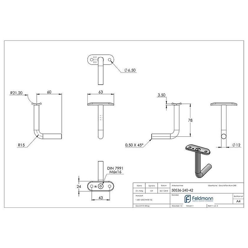 Bügel Ø 12mm mit Handlaufanschlussplatte 42,4mm, V2A