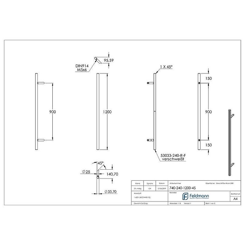 Push handle incl. bracket with 45° bevel 45° with L: 1.2m, AISI304