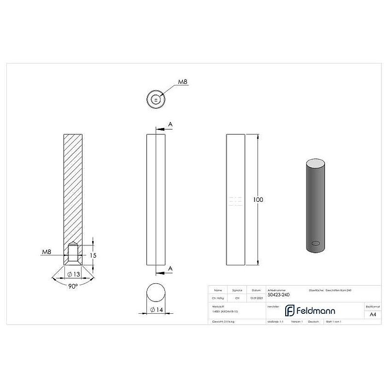 Pin Ø 14mm, L: 100mm, AISI304