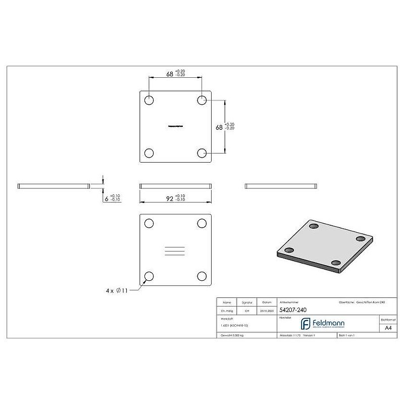 Ankerplatte, 92x92x6mm, mit Längsschliff, V2A