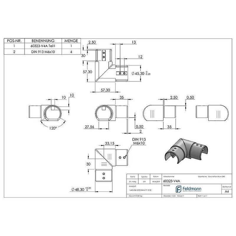 Eckbogen horizontal, für 48,3mm, V4A, Verlaufsecke