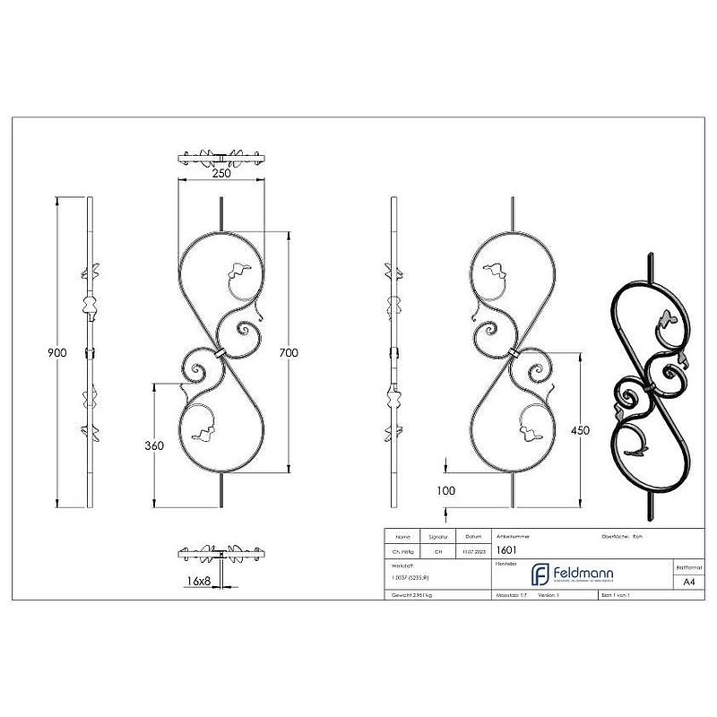 Barre d'ornement 16x8mm, rainurée, style baroque, H : 900mm