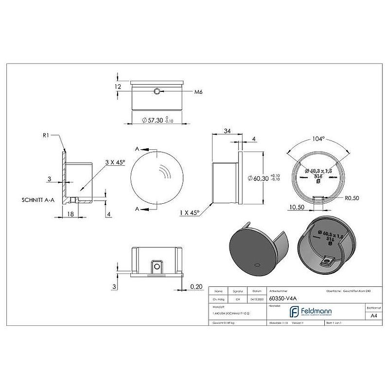 Embout pour tube à fond de gorge Ø 60,3x1,5mm, V4A