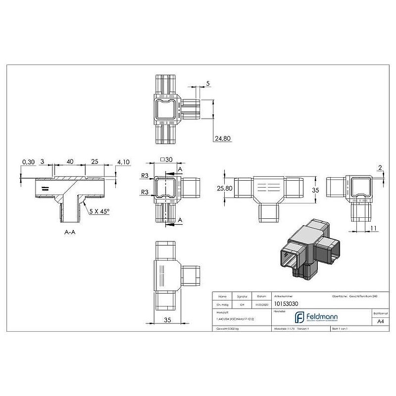 Raccord en T avec 4 sorties égales pour tube 30x30x2,0mm, V4A