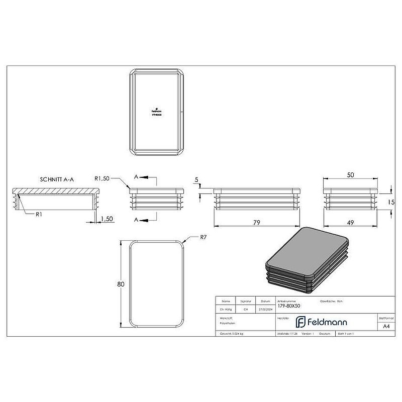 Plastic end cap for rectangular tube 80x50mm