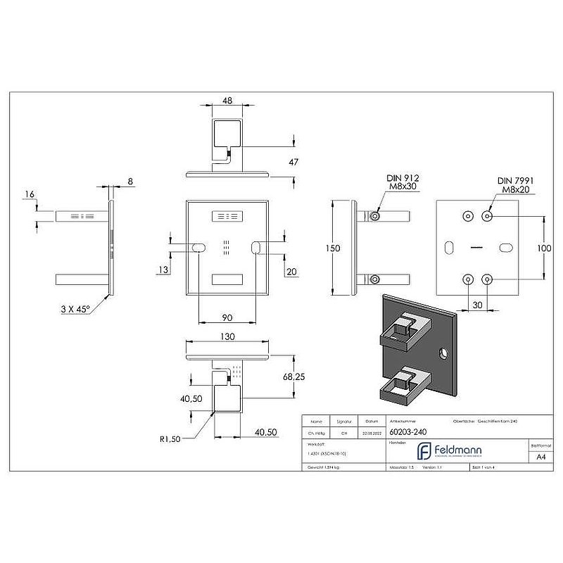 Wandbefestigung für Geländerpfosten 40x40mm, V2A
