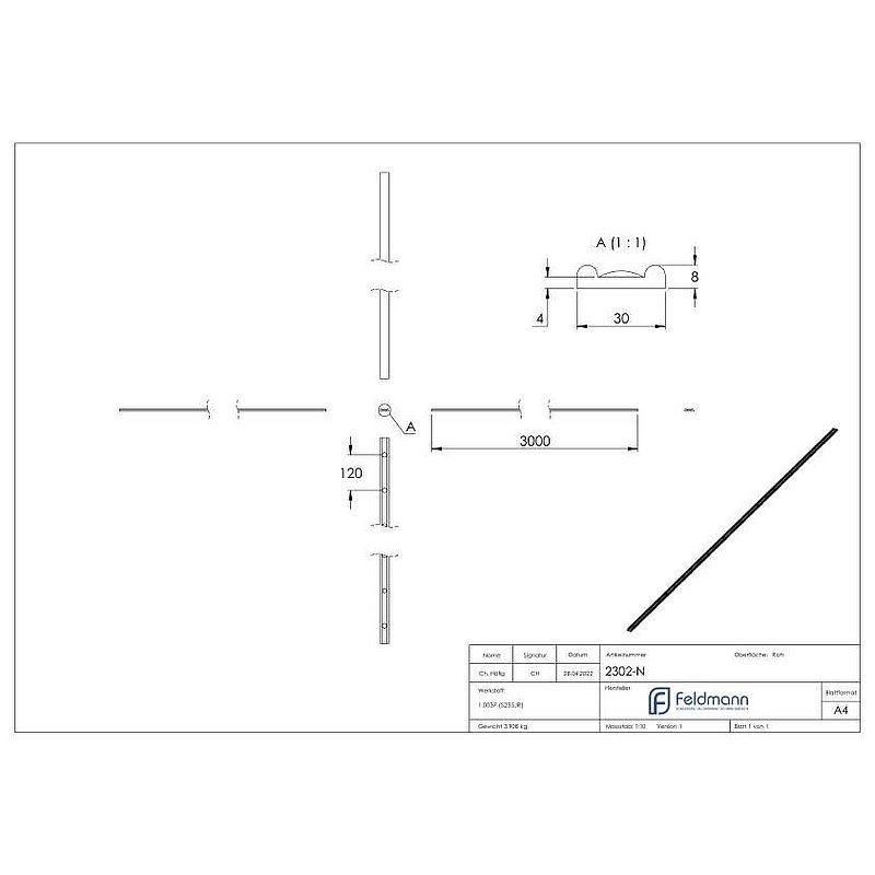 Hespeneisen S235JR, 30x8x4mm, L: 3000mm