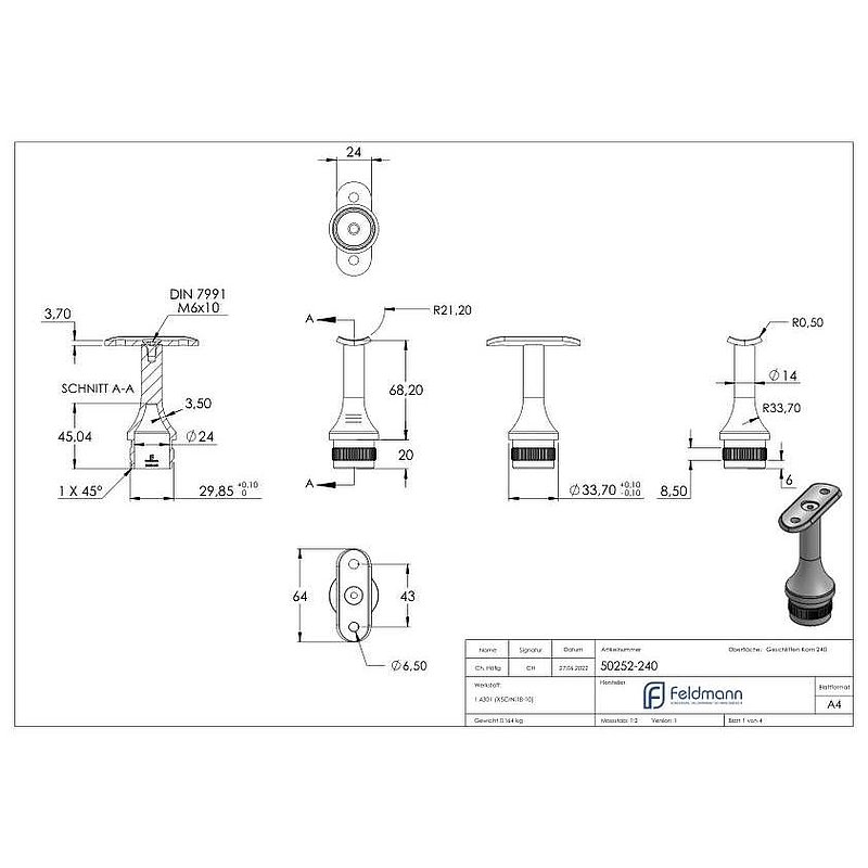 Rohrabschlussstopfen für Rohr 33,7x2,0mm, Handlaufanschlussplatte: 42,4mm, V2A