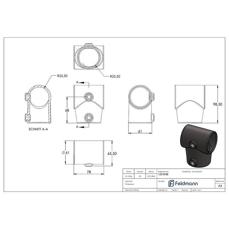 Raccord en T court, inclinaison variable, pour tube Ø 48,3mm