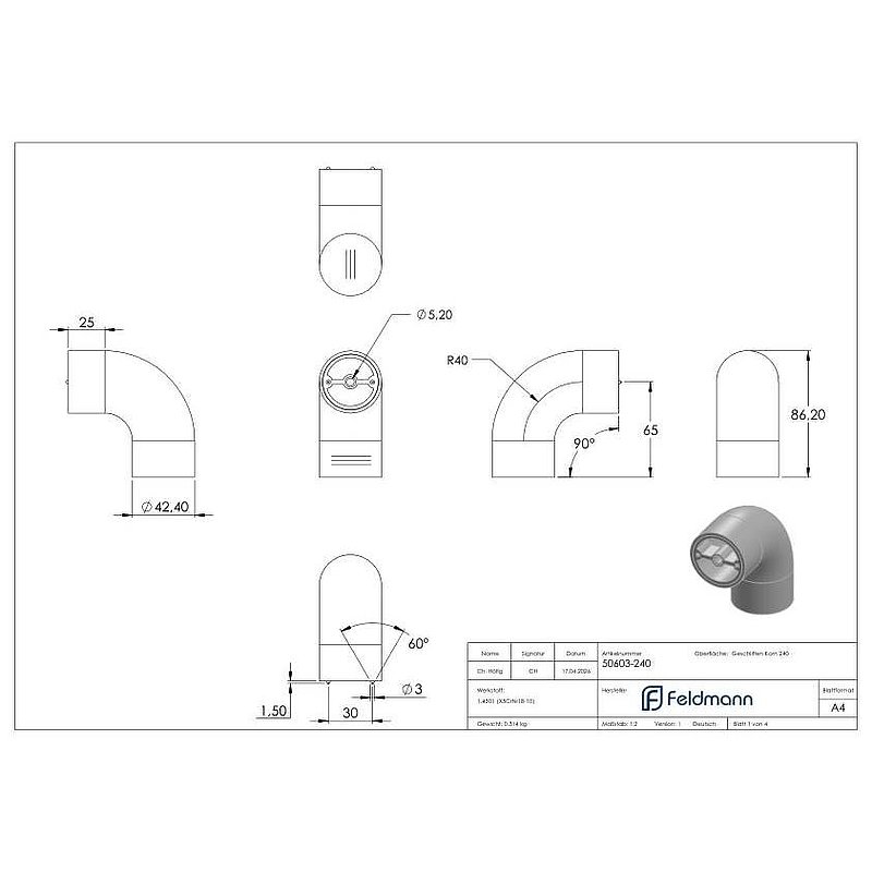 Bout coudé à 90° pour main-courante en bois Ø42,4mm, V2A