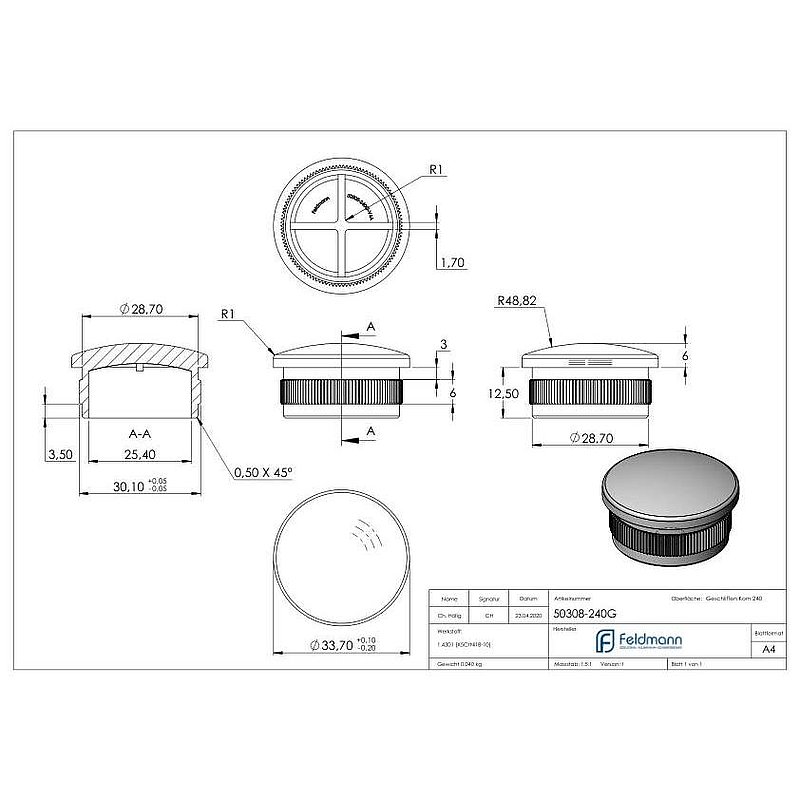 Rohrabschlussstopfen, für Rohr 33,7x2,0mm, V2A