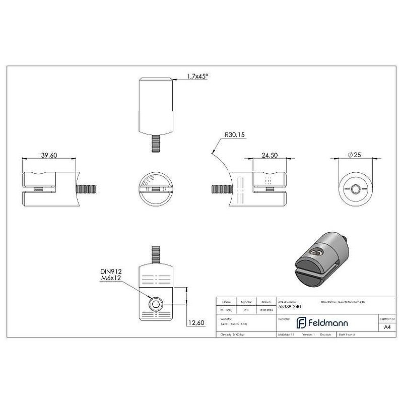 Blechhalter, Ø 25mm, Anschluss: 60,3mm, V2A