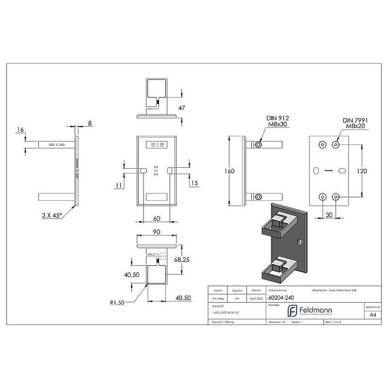 Wandbefestigung für Geländerpfosten 40x40mm, V2A