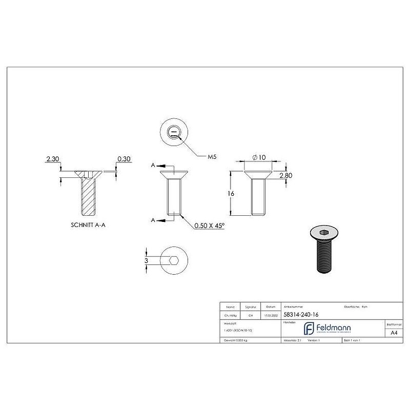 Countersunk head screw M5x16, AISI304, ISO 10642