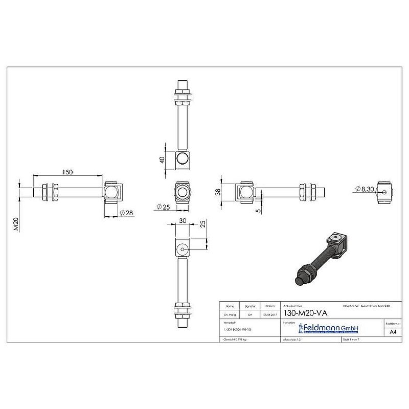 Gate hinge M20 for welding, long thread, AISI304