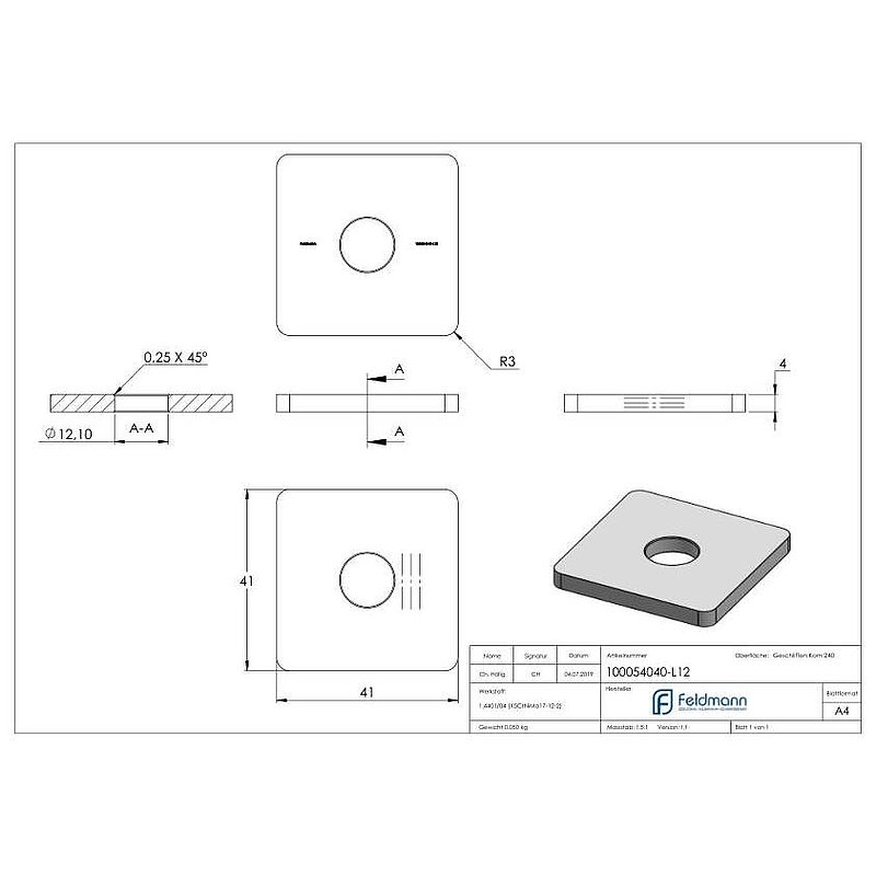 Push-in cap for square tube 40x40 with hole, AISI316