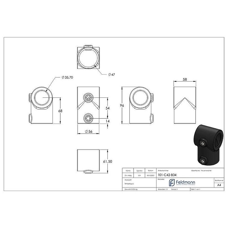 T-piece short, for pipe Ø 42.4 / 33.7 mm