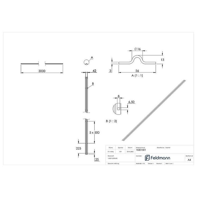 Running rail 16mm, L: 3000mm for screwing on