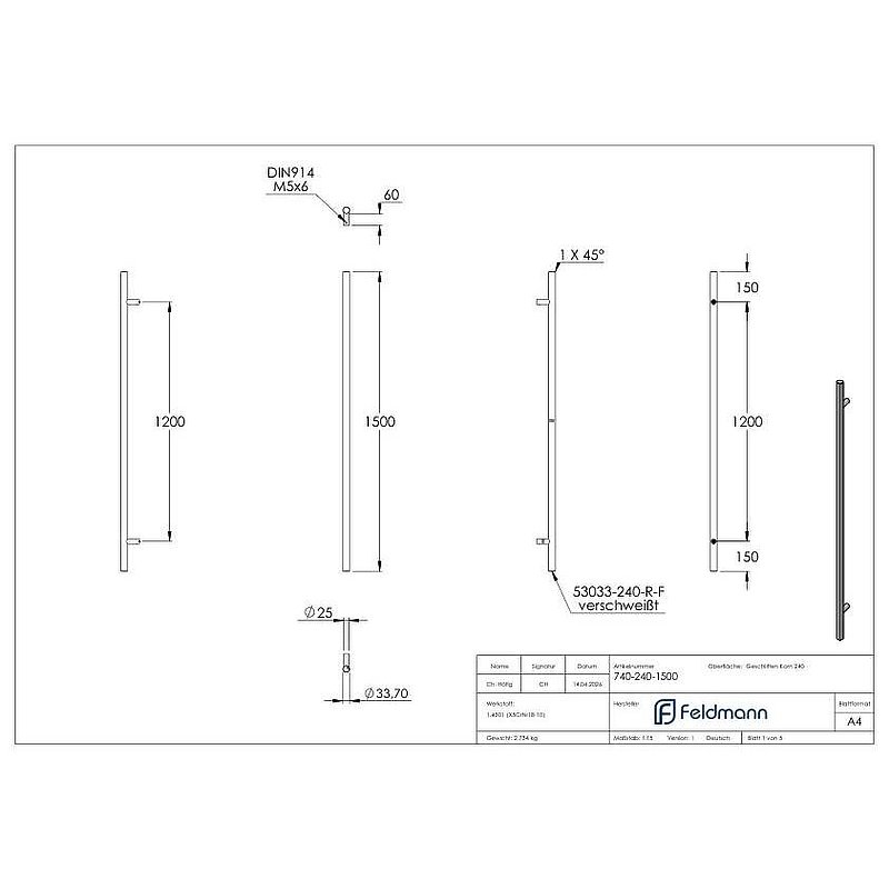 Push handle incl. holder straight with L: 1500mm, AISI304