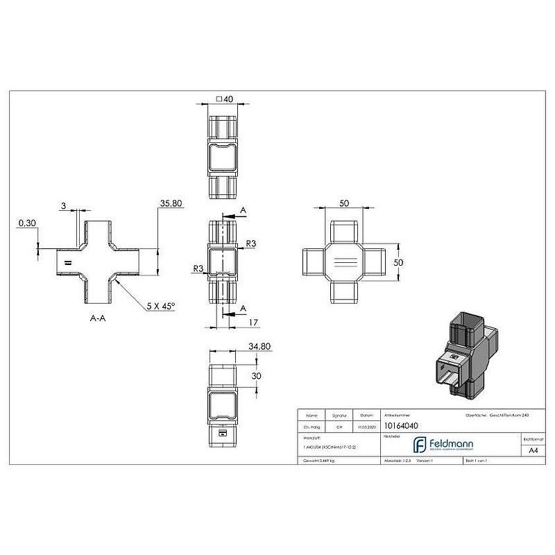 Raccord en croix égal pour tube 40x40x2,00mm, V4A
