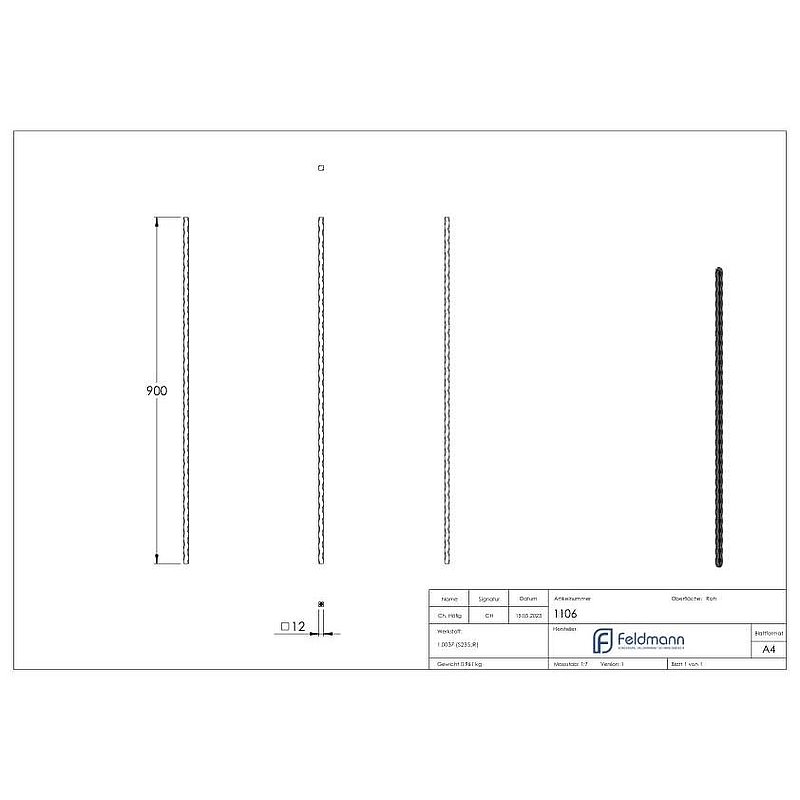 Intermediate bar 12x12mm, hammered, H: 900mm