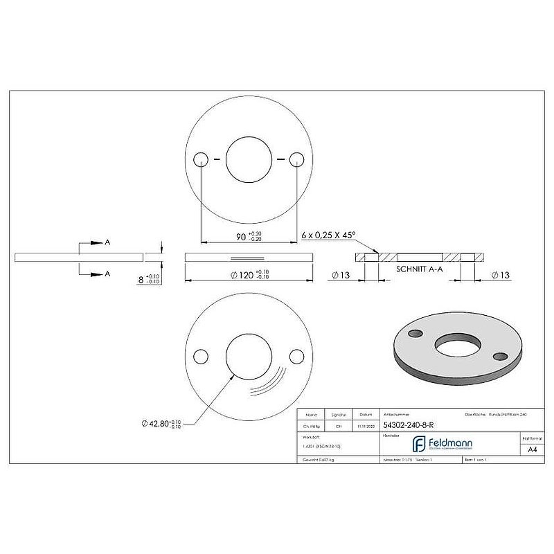 Ankerplatte Ø 120x8mm, mit Rundschliff, V2A