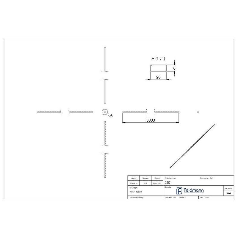 Flacheisen S235JR, 20x8mm, L: 3000mm