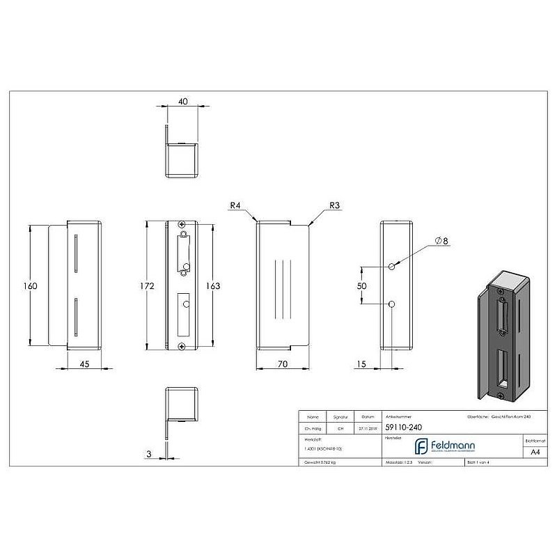 Stainless steel counter case square, for spacing 72mm, 40mm, AISI304