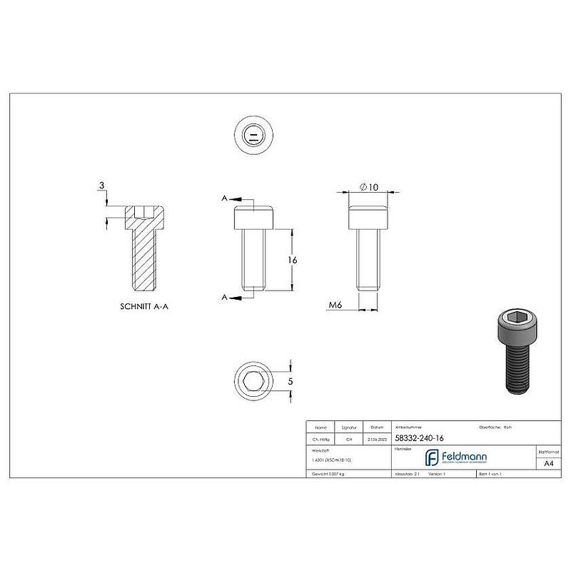 Zylinderkopfschraube M6 x 16, A2, DIN 912