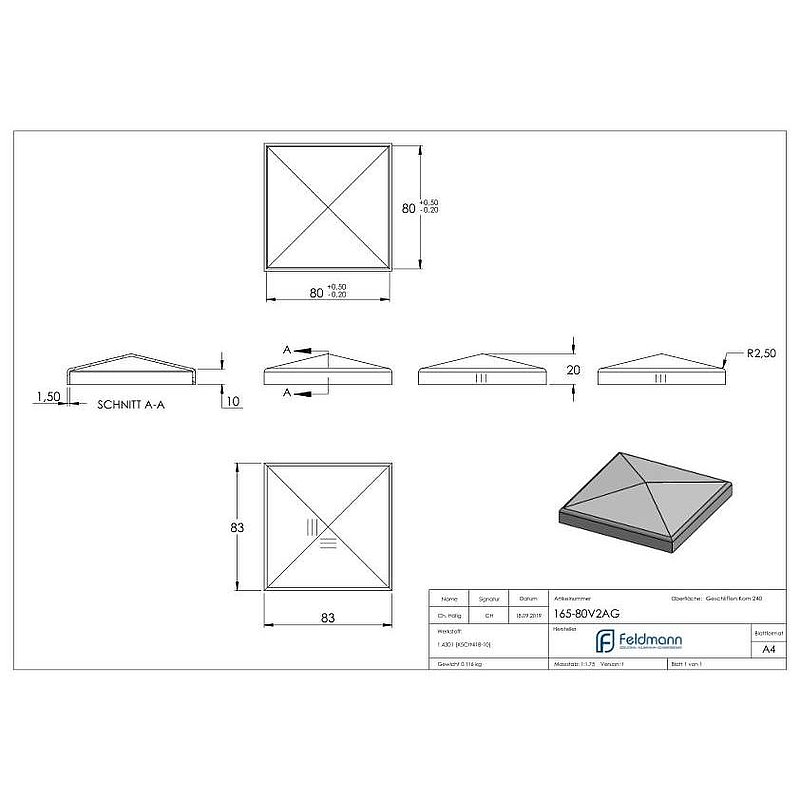 Pyramidenkappe, für Rohr 80x80mm, V2A