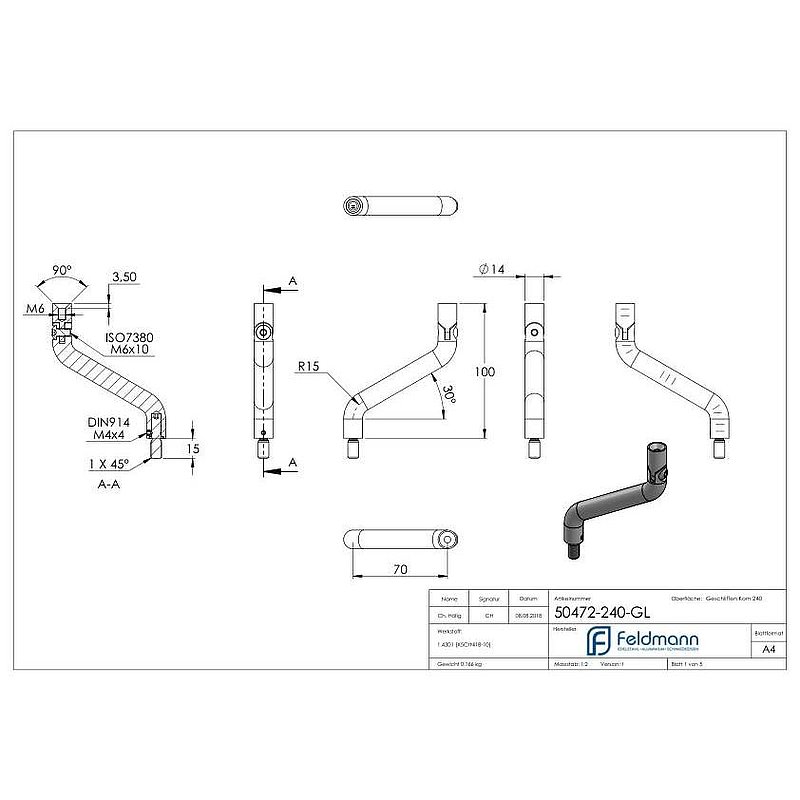 Étrier Ø 14mm, 2x courbé à 30°, avec articulation, V2A