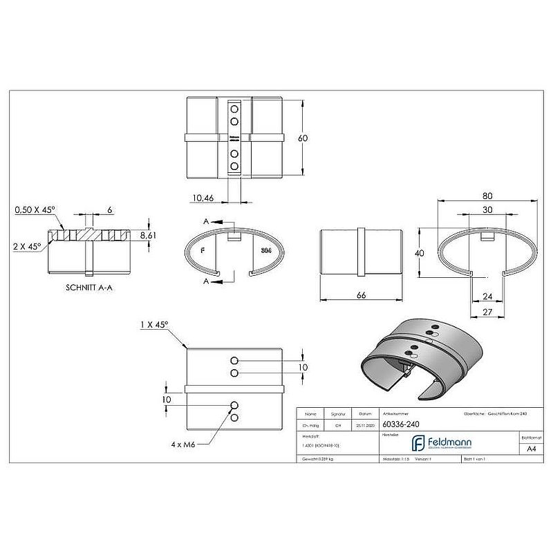 Connector 180° for oval grooved tube 80x40mm, AISI304