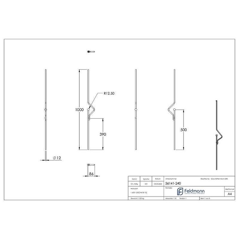Decorative rod Ø 12mm with ball Ø 25mm, H: 1000mm, AISI304
