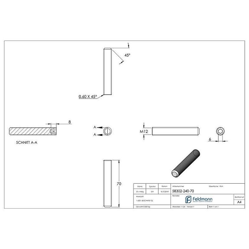 Gewindestift M12x70, V2A, DIN 913 / ISO 4026