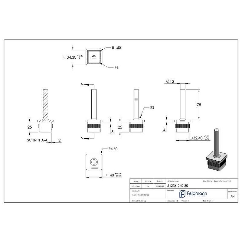 Stopfen mit Stift für Rohr 40 x 40 x 3,0mm, Höhe 80mm