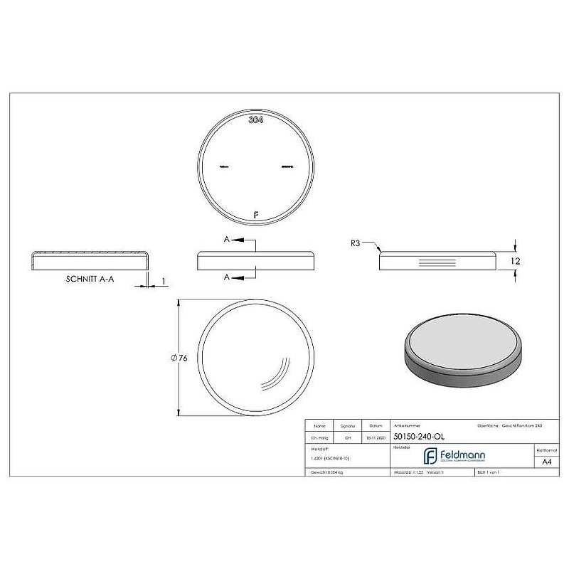 Abdeckrosette, 76x12mm, ohne Bohrung, V2A