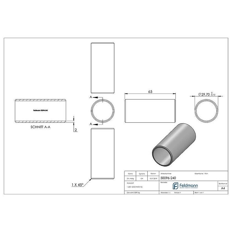 Verbindungsstück für Rohr 33,7x2,0mm, V2A