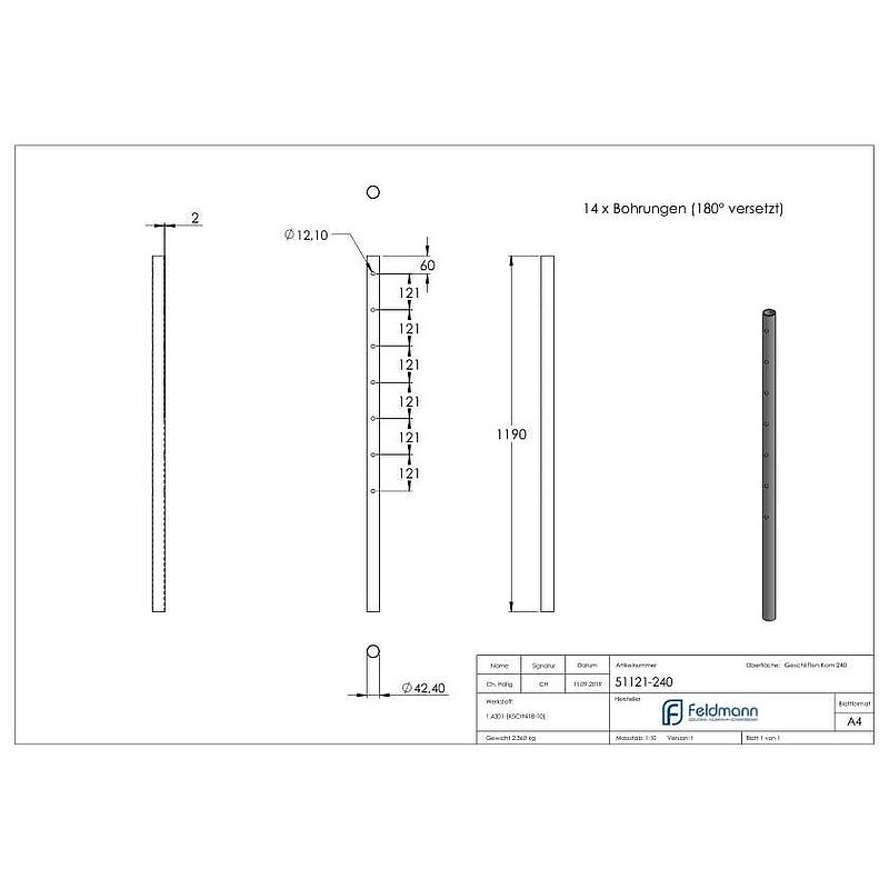 Edelstahlpfosten aus Rohr 42,4mmx2,0mm, V2A