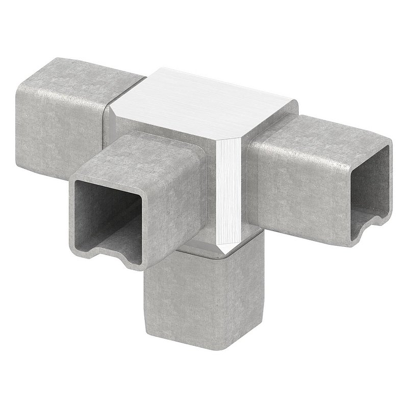 Raccord en T avec 4 sorties égales pour tube 25x25x2,0mm, V4A