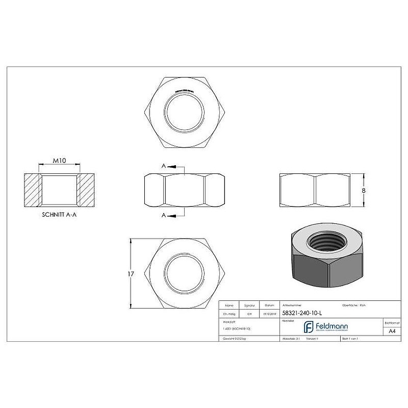 Hexagon nut M10, AISI304