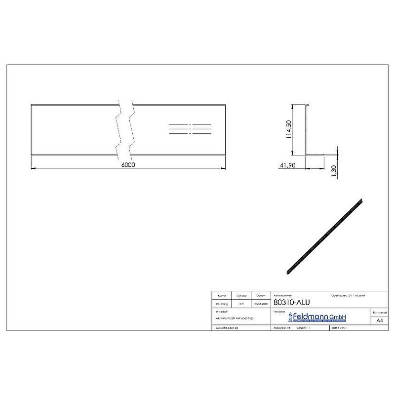 Cover for aluminium profile 80300-ALU, L: 6000mm